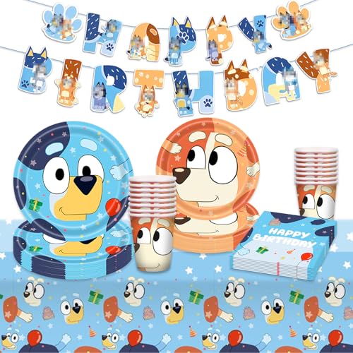 Blue-Y Pappteller Kindergeburtstag Deko Jungen Mädchen- Blau Dog Geburtstag Geschirr Set Geburtstagsdeko Partygeschirr Party Supplies Deko Birthday Banner Tischdecke Servietten Teller Tassen 10 Gäste von Chukua