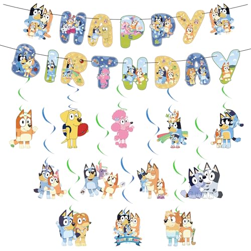 Chukua 14PCS Geburtstag Deko Blue-y Bunting Girlande Hängende Deko Geburtstag Banner Swirl Decorations Blau Dog Happy Birthday Banner Dekoration für Kinder Thema Party Deko von Chukua