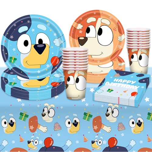 Chukua Blue- Y Pappteller Kindergeburtstag Deko Jungen Mädchen- Blau Dog Geburtstag Geschirr Set Hund Geburtstagsdeko Partygeschirr Party Supplies Deko Tischdecke Servietten Teller Tassen 10 Gäste von Chukua