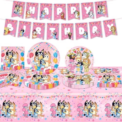 Chukua 42 Stück Cartoon Hund Thema Geburtstagsdeko, Rosa Geburtstag Party Supplies Geschirr Set enthalten Happy Birthday Banner, Pappteller, Tischdecke und Servietten von Chukua