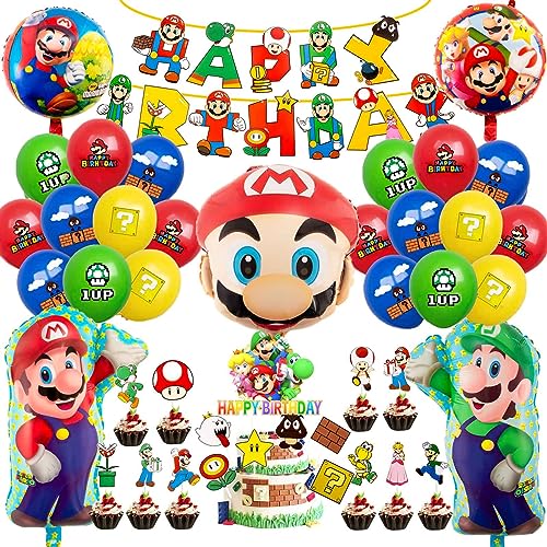 45 Pcs Luftballon Geburtstag Deko Jungen Mädchen Ma- rio Luftballons Geburtstagsdeko Super Bros Folienballon Happy Birthday Banner Cake Cupcake Toppers für Kindergeburtstag Ballon Party Supplies Deko von Chukua