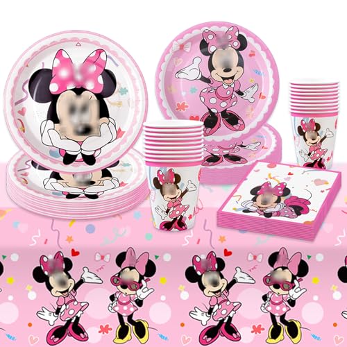 Chukua Mini Maus Pappteller Kindergeburtstag Deko Mädchen- 51Pcs Rosa Minnie Geburtstag Geschirr Set Mouse Geburtstagsdeko Partygeschirr Party Deko Tischdecke Servietten Teller Becher 10 Gäste von Chukua