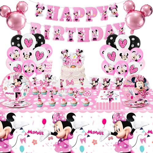 Chukua Minnie Deko Pappteller Kindergeburtstag-131PCS Minnie Mouse Geburtstag Geschirr Party Deko Rosa Partygeschirr Set Mickey Mouse Servietten Tischdecke Luftballon Banner Tortendeko Geburtstagsdeko von Chukua