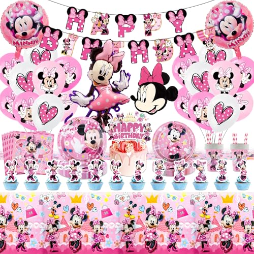 Minnie Mouse Pappteller Kindergeburtstag Deko- 100 Stück Rosa Minnie Geburtstag Geschirr Party Deko Mickey Geburtstagsdeko Mädchen Partygeschirr Set Servietten Tischdecke Luftballon Banner Tortendeko von Chukua