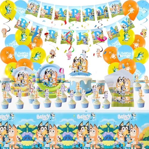 Chukua Bluey Pappteller Kindergeburtstag Deko- 113Pcs Dog Geburtstag Geschirr Set Geburtstagsdeko Partygeschirr Party Deko Tischdecke Servietten Teller und Becher Luftballon Banner Tortendeko 20 Gäste von Chukua