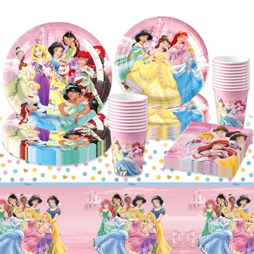 Prinzessin Pappteller Kindergeburtstag Deko Mädchen- 51Pcs Rosa Prinzessin Geburtstag Geschirr Set Prinzessin Geburtstagsdeko Partygeschirr Party Deko Tischdecke Servietten Teller und Becher 10 Gäste von Chukua