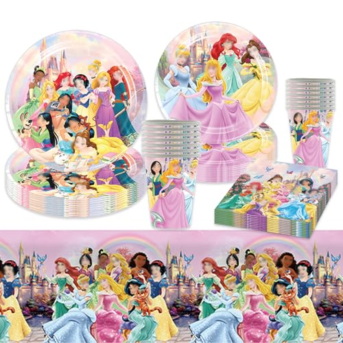 Prinzessin Pappteller Kindergeburtstag Deko Mädchen- 51Pcs Rosa Prinzessin Geburtstag Geschirr Set Prinzessin Geburtstagsdeko Partygeschirr Party Deko Tischdecke Servietten Teller und Becher 10 Gäste von Chukua