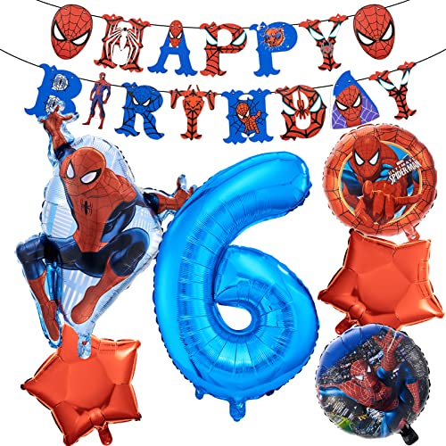 Spider Luftballon Geburtstag Deko 6 Jahre Jungen-Spider Girlande Geburtstagsdeko 6 Jahr Spider Ballon Deko 6. Geburtstag Folienballon Happy Birthday Banner für Spider Theme Kindergeburtstag Party Deko von Chukua