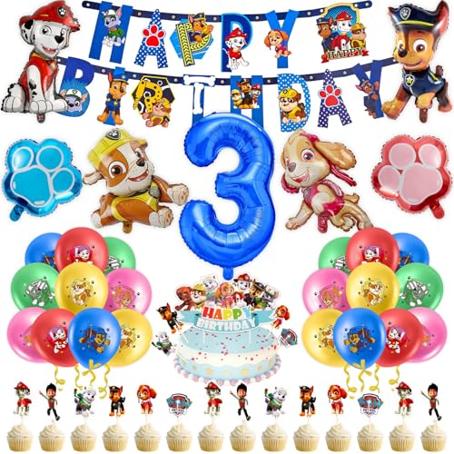 53 PCS Paw Luftballon Geburtstag 3 Jahre Jungen Mädchen Hund Patrol Geburtstagsdeko Ballon Deko 3. Geburtstag Folienballons Happy Birthday Banner Cake Topper Tortendeko für Kindergeburtstag Party Deko von Chukua