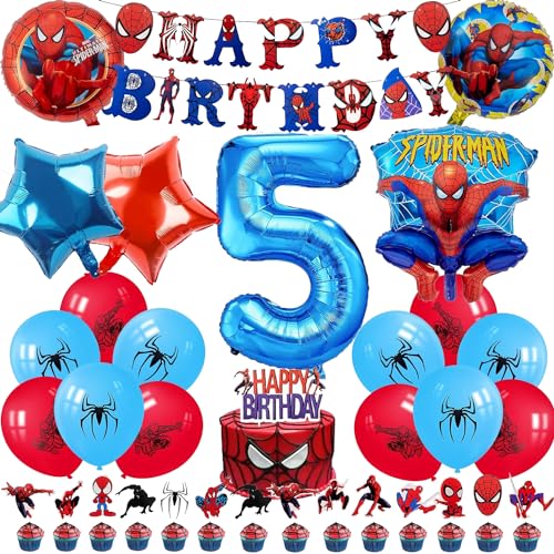 Spider Luftballon Geburtstag Deko 5 Jahre Jungen- Spider Girlande Geburtstagsdeko 5 Jahr Spider Ballon Deko 5. Geburtstag Folienballons Happy Birthday Banner Tortendeko für Kindergeburtstag Party Deko von Chukua