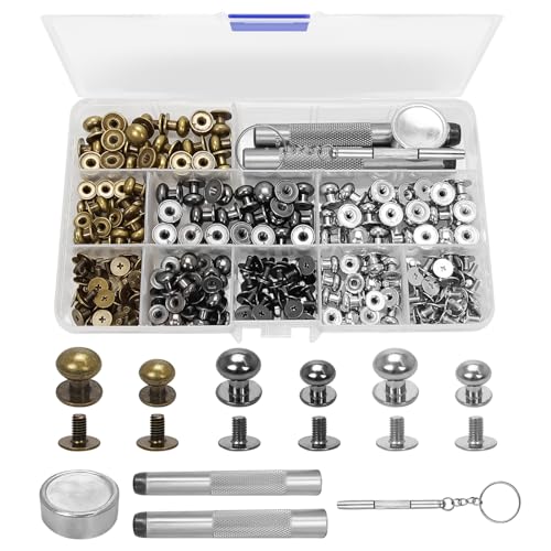 120 Stück 8mm/10mm Runde Kopf Knopf Stud, Doppelkappen Nieten, Chicago Schrauben, runder Kopf Messing Schraube Knopf für DIY, Handwerk Leder,Reparaturen,Geldbeutel（Bronze, Perlglanz Schwarz, Silber） von CiShow