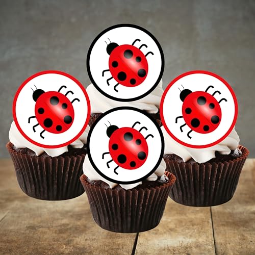 24 essbare Muffindekorationen mit vorgeschnittenen Marienkäfer-Motiven – Oblaten, rund, Kuchendekorationen von Stand Up, UNCUT von Cian's Cupcake Toppers Ltd