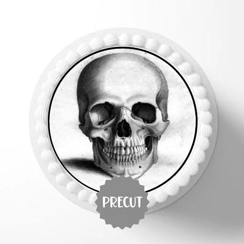 Vorgeschnittener essbarer Totenkopf-Kuchenaufsatz, 17,8 cm, Halloween-Gruselschädel Nr. 2, Premium-Dicke, gesüßte Vanille, Oblatenpapier, 17,8 cm, Kuchendekoration von Cians Cupcake Toppers