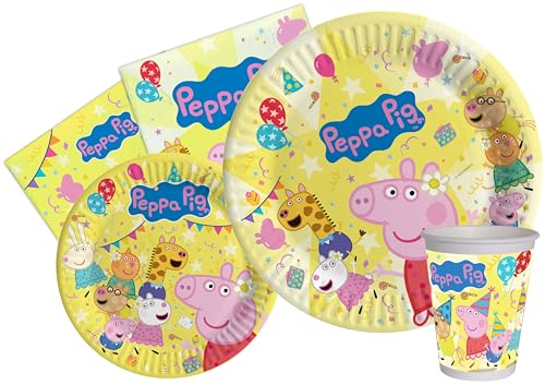 Ciao Partygeschirr Party-Set Peppa Pig Peppa's Birthday für 8 Personen (44 pcs: 8 Pappteller Ø23cm, 8 Pappteller Ø18cm, 8 Becher 250ml, 20 Servietten 33x33cm) aus eco-Friendly kompostierbarem Papier von Ciao