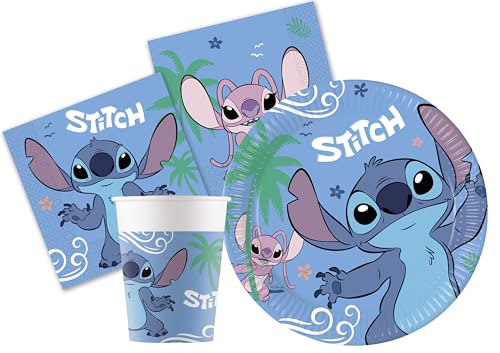 Partygeschirr Party-Set Disney Stitch & Angel für 8 Personen (36 pcs: 8 Pappteller Ø23cm, 8 Pappteller Ø20cm, 8 Becher 200ml, 20 Servietten 33x33cm) aus FSC Papier, Blau von Ciao