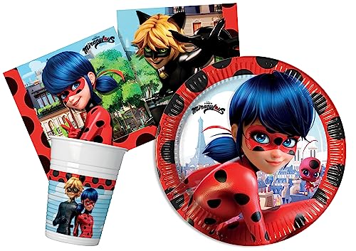 Ciao AZ064 Partygeschirr Party-Set Miraculous Ladybug (Pappteller, Bucher, Servietten), Rot, Schwarz, 24 Personen von Ciao