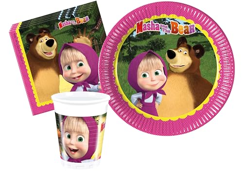 Ciao AZ068 Partygeschirr Party-Set Masha and The Bear (Pappteller, Bucher, Servietten), Multicolor, 24 Personen von Ciao