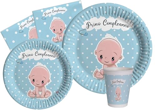 Ciao AZ136 Partygeschirr Party-Set Baby (Pappteller, Bucher, Servietten) in Carta compostabile eco-Friendly, Himmelblau, 8 Personen von Ciao