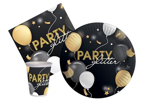 Ciao AZ176 Partygeschirr Party-Set (Pappteller, Bucher, Servietten), Schwarz, Gold, 24 Personen von Ciao