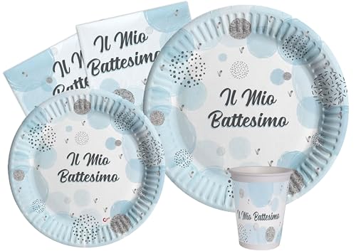 Ciao Partygeschirr Party-Set Battesimo für 8 Personen (44 pcs: 8 Pappteller Ø23cm, 8 Pappteller Ø18cm, 8 Becher 250ml, 20 Servietten 33x33cm) aus eco-Friendly kompostierbarem Papier, Himmelblau von Ciao