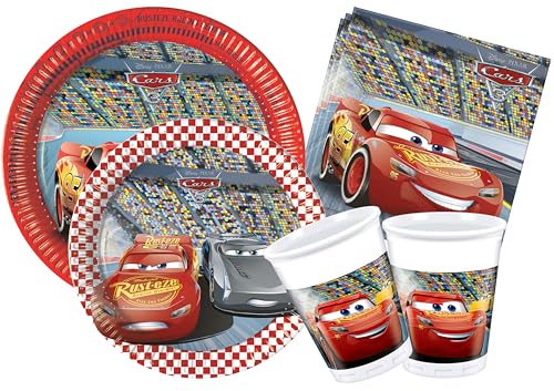 Ciao Y4323 Disney Cars 3 for 8 People (44 pcs Ø23cm, 8 Plates Ø20cm, 8 Cups 200ml, 20 Napkins) Party Tableware Set, Single, Red, Grey, 8 Personen von Ciao