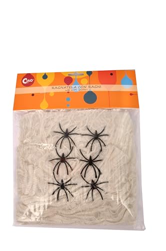 Ciao 65127 Ragnatele Decorative (120 g) Con 6 ragni Cobweb Decoration, Weiß, Schwarz, 120g von Ciao