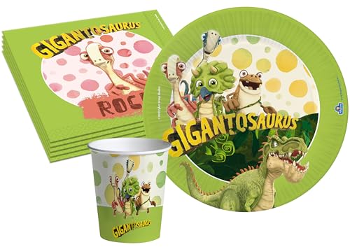 Ciao AZ059 Partygeschirr Party-Set Dinosaurier Gigantosaurus/Jurassic World (Pappteller, Bucher, Servietten), Cartoon, Grün, 8 Personen von Ciao