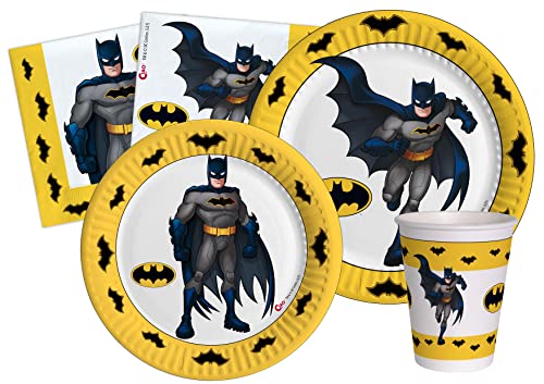 Partygeschirr Party-Set Batman für 24 Personen (112 pcs: 24 Pappteller Ø23cm, 24 Pappteller Ø18cm, 24 Becher 250ml, 40 Servietten 33x33cm) aus eco-friendly kompostierbarem Papier von Ciao