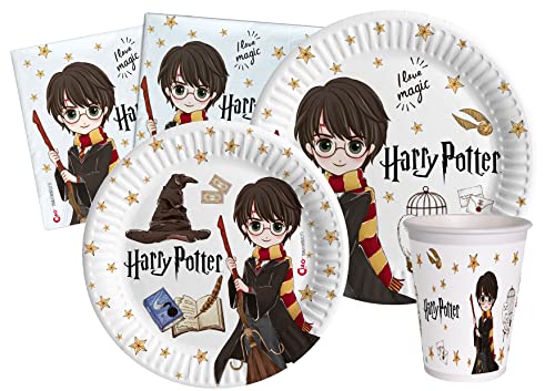 Partygeschirr Party-Set Harry Potter für 8 Personen (44 pcs: 8 Pappteller Ø23cm, 8 Pappteller Ø18cm, 8 Becher 250ml, 20 Servietten 33x33cm) aus eco-friendly kompostierbarem Papier von Ciao