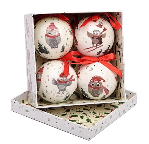 Set of 4 decoupage Christmas Tree Balls (Ø7,5cm) Cute Winter Owls with Fabric Ribbon in giftbox von Ciao