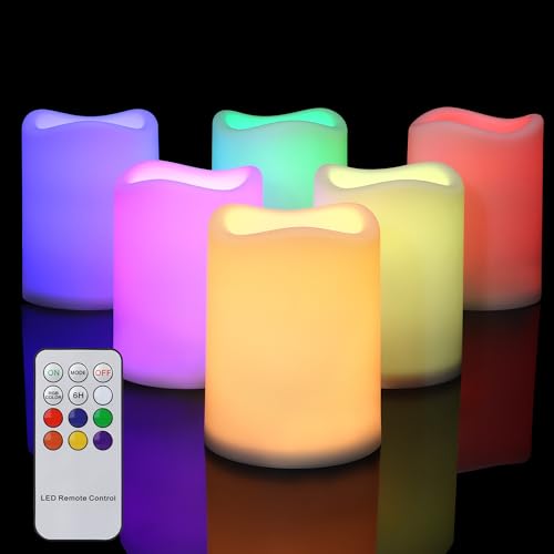 Cibnew LED Kerzen für den Außenbereich,Flammenlose Kerzen mit Timer batteriebetrieben flackernde für Hochzeit Party Home Weihnachten, 6er-Set (RGB) von Cibnew