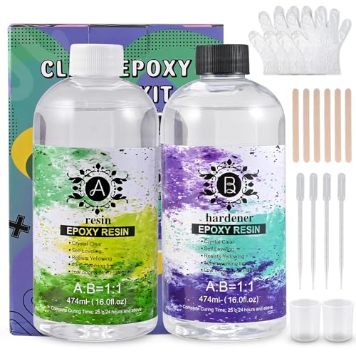 Cieex Epoxidharz Set 948ml, Epoxidharz mit Härter 1:1 Gusskristallklarer Gießharz Klebstoff mit Handschuhe Holzstäbchen Messbeche Harz Gießen Set für Holz, Schmuckherstellung, Kunsthandwerk von Cieex