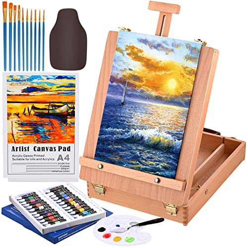 Cieex Staffelei aus Holz, Anfänger-Set für Maler, inkl. Staffelei, Acrylfarbe, Pinsel, leere Leinwand, Spatel, Schürze und Malpalette von Cieex