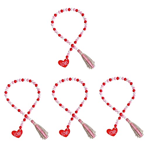 Ciieeo 4 Stück Holzperlen Zum Valentinstag Valentinstag- Bausatz Herz-anhänger Geburtstag Türdekoration Quastengirlande Armbänder Halskette Charme Glocke Lametta Reize Rot Hanfseil von Ciieeo