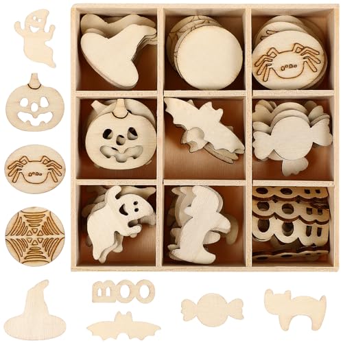 Ciieeo 72 Stück Halloween-Holzscheiben, unlackiert, Geist, Kürbis, Spinnennetz, Fledermaus-Ausschnitte, leere Holz-hängende Ornamente für Kinder, Basteln, Halloween, Weihnachten, Party-Dekoration von Ciieeo