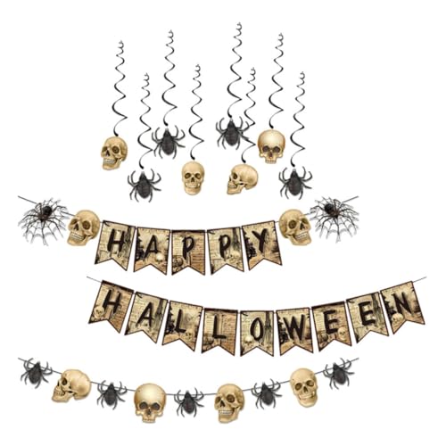 Ciieeo Fröhliches Halloween-Banner Halloween-Wimpelkette Banner-Girlande Mit Spinnenschädel-Kopfschild Für Halloween-Partydekorationen Für Kaminsims Wand-Partyzubehör von Ciieeo