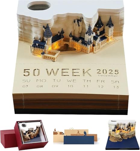 3D Kalender 2025, 3D Schlosskalender Notizblock mit LED-Lichtern, Zeitmesser Kalender 2025, Abreißpapier Reveal Castle, DIY Papier Schnitzerei Kunst Handwerk für Schule Home Office von Cikiki