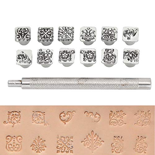 Cikonielf 12 Stück Leder Stempel Leder Prägestempel Set Leder Punzieren Leather Carving Craft DIY Punch Embossing Beveler Tools Kit für Heimwerker, Lederhandwerk, Drucken von Cikonielf