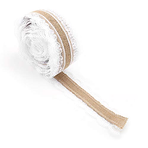 Juteband Vintage Spitzenband Juteband mit Spitze Weiß, Natürliche Sackleinen Hessische Jute Band 32,8ft Jute Spitze Dekoband Spitzenband für Hochzeit Weihnachten Basteln Geschenke Deko von Cikonielf