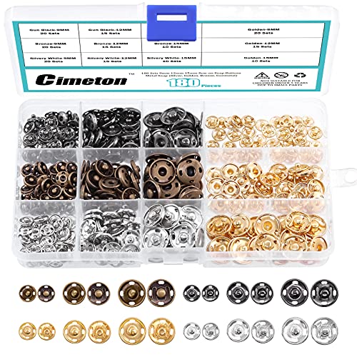 Cimeton 180 Sets Sew-on Druckknöpfe Unsichtbare Metall Snaps Befestigung Druckknöpfe Knöpfe zum Nähen von Kleidung 9mm 12mm 15mm Gold Bronze Schwarz Silber von Cimeton