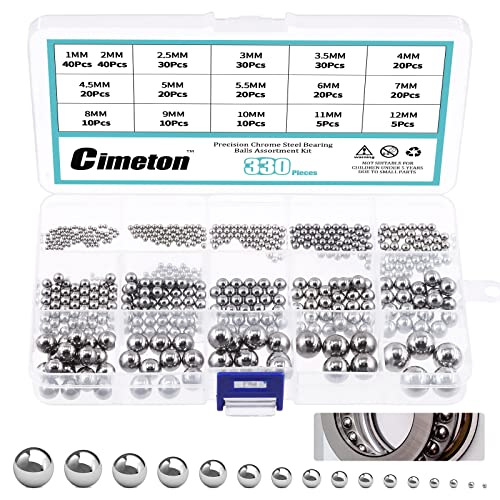 Cimeton 330 Stück 16 Größen Präzisionskugel-Sortiment mit den Größen 1 mm 2 mm 2,5 mm 3 mm 3,5 mm 4 mm 4,5 mm 5 mm 5,5 mm 6 mm 7 mm 8 mm 9 mm 10 mm 11 mm 12 mm metrisch von Cimeton