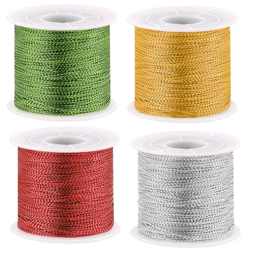 Cimeton 4-Rolle Metallic Cord Tinsel Seil, 440 Yards Metallic Elastic Cords, Metallic Tinsel Faden String, Tinsel String Metallic Tinsel Cords für Handwerk Herstellung von Cimeton