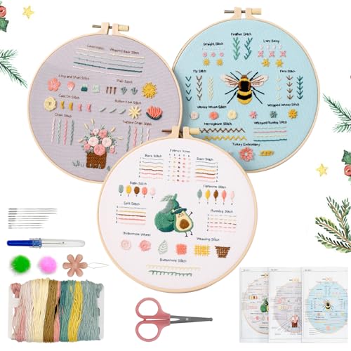 Cimvidi Stickset für Anfänger, Blumenmuster-Pflanzen Stickerei set mit 3 Bambus-Stickrahmen, Anleitung und Werkzeuge, Embroidery kit für DIY Kunst, Handwerk, Nähen von Cimvidi