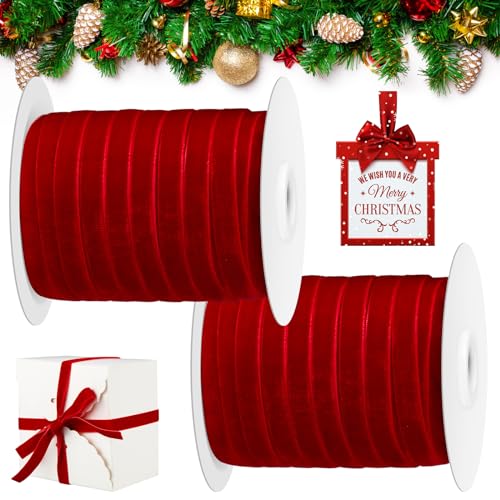 Cindeer 100 Yards Samt Valentinstag Schleifenbänder Samt Geschenkbänder Satin Vintage Bordüre Samtbänder Rollen für Geschenk Verpackung Haarschleife Basteln Party Hochzeit (Rot, 0,95 cm) von Cindeer