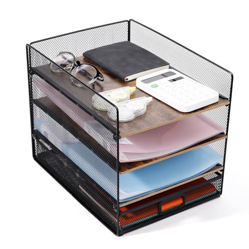 Cinnani Schreibtisch Organizer, 4 Ebenen Papier Briefablage mit Schublade,Ablagefächer Organizer mit für Ordnern,Briefen,Papier,Metall Schreibtisch Organizer Tablett (MDF-Material) von Cinnani