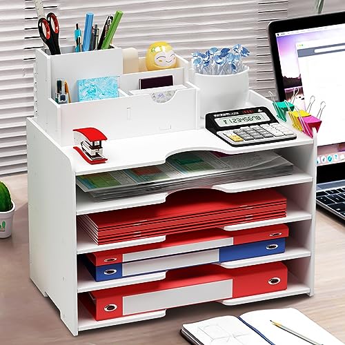 Cinnani Schreibtisch Organizer, 5 Ablagefächer Schubladenbox,plus einen Stifthalter， A4-Papierhalter Dokumentenablage, Briefablage, Ablage Schreibtisch für Büro, Zuhause, Schule von Cinnani