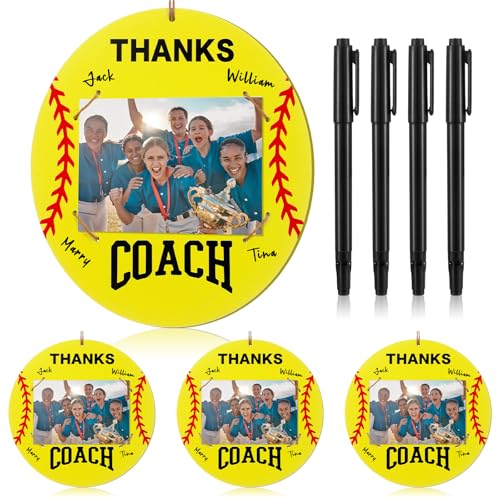 Cinnvoice 4er-Set Softball-Bilderrahmen mit Signaturstiften, passend für 10,2 x 15,2 cm große Fotos, Holz-Bilderrahmen, Dankes-Softball-Trainer, Geschenk vom Team Trainer, Wertschätzung, Zuhause, von Cinnvoice