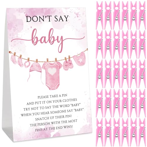 Cinnvoice 51 Stück Babyparty-Spiele, cooles Babyparty-Spiel, inklusive Schild "Don't Say Baby" und 50 Wäscheklammern aus Kunststoff, für Babypartys, Partyzubehör für Geschlecht (Rosa) von Cinnvoice