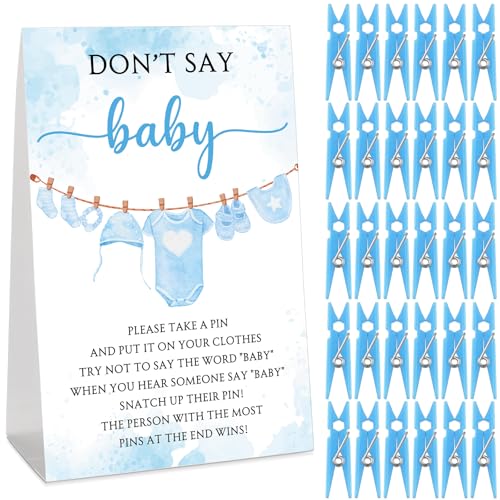 Cinnvoice 51 Stück Babyparty-Spiele, cooles Babyparty-Spiel, inklusive Schild "Don't Say Baby" und 50 Wäscheklammern aus Kunststoff, für Babypartys, Partyzubehör für Geschlecht (blau) von Cinnvoice