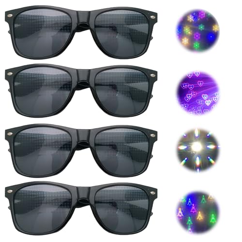 Cinsersr 4 Stück 3D Prisma Herz Stern Effekt Lustige Brillen Kaleidoskop Brille Bunte Spezialeffekt-Lichtshow-Unterhaltungssonnenbrille, Geeignet für Feuerwerksshows, Tanzpartys und Musikfestivals von Cinsersr